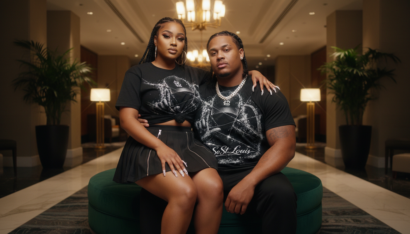 Two people sitting on a green couch in a dimly lit room with chandeliers.