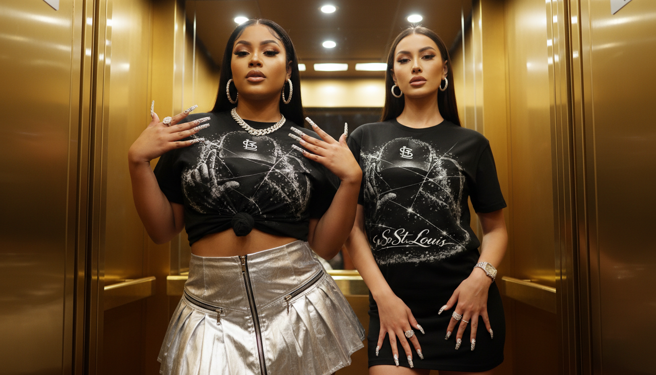 Two women in matching black t-shirts with white designs standing in an elevator.