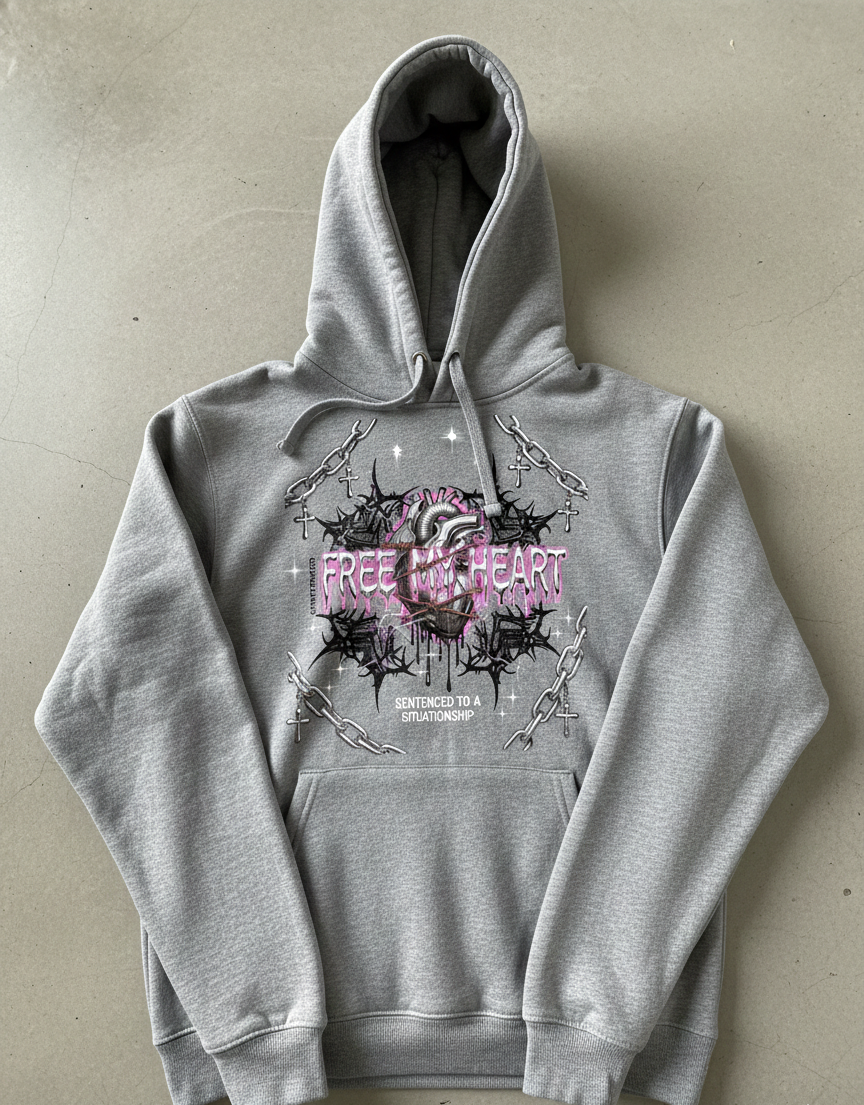 Gray hoodie with graphic design and text on a beige background