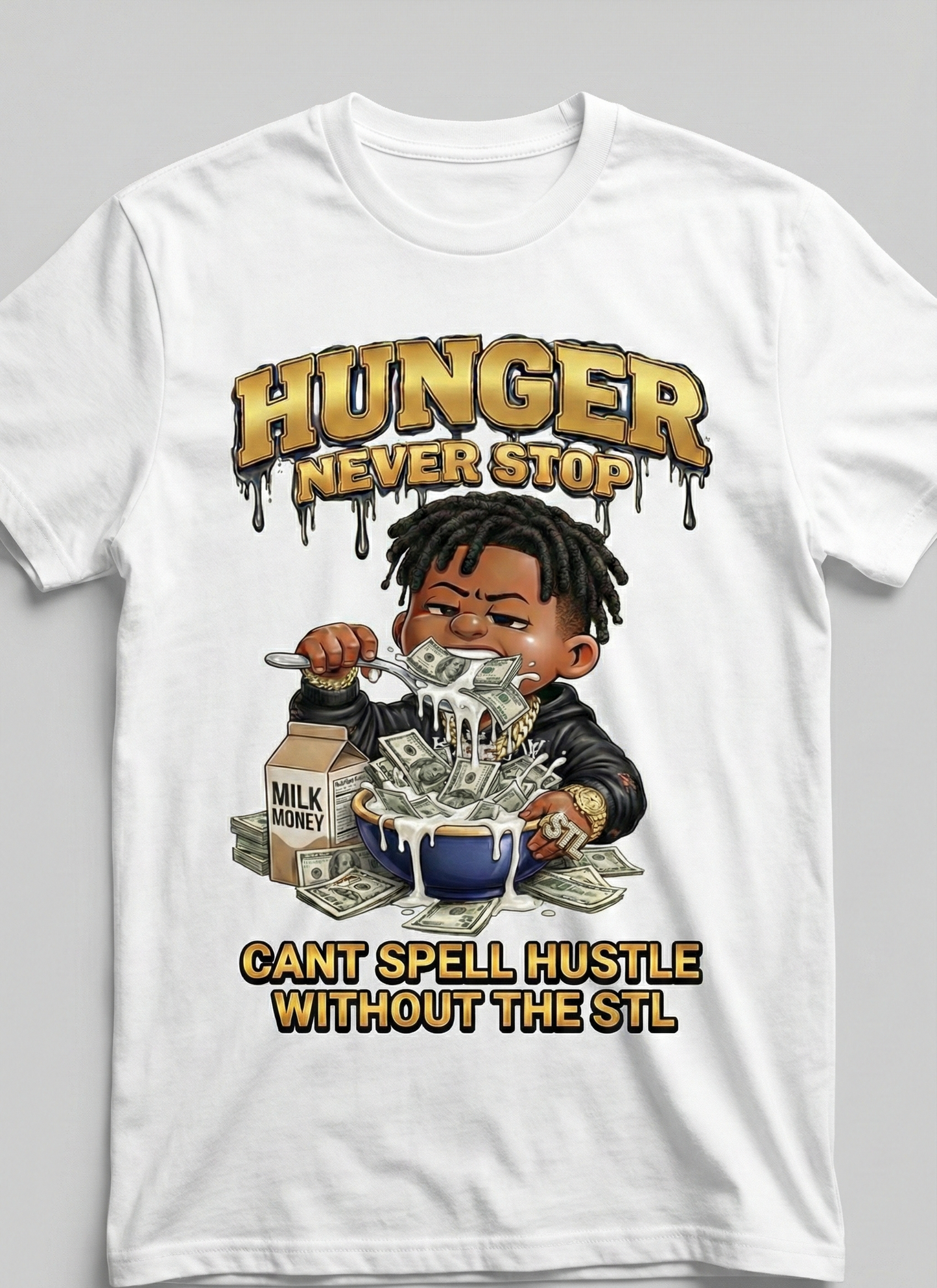 White t-shirt with a graphic design featuring a child with money and text on a gray background