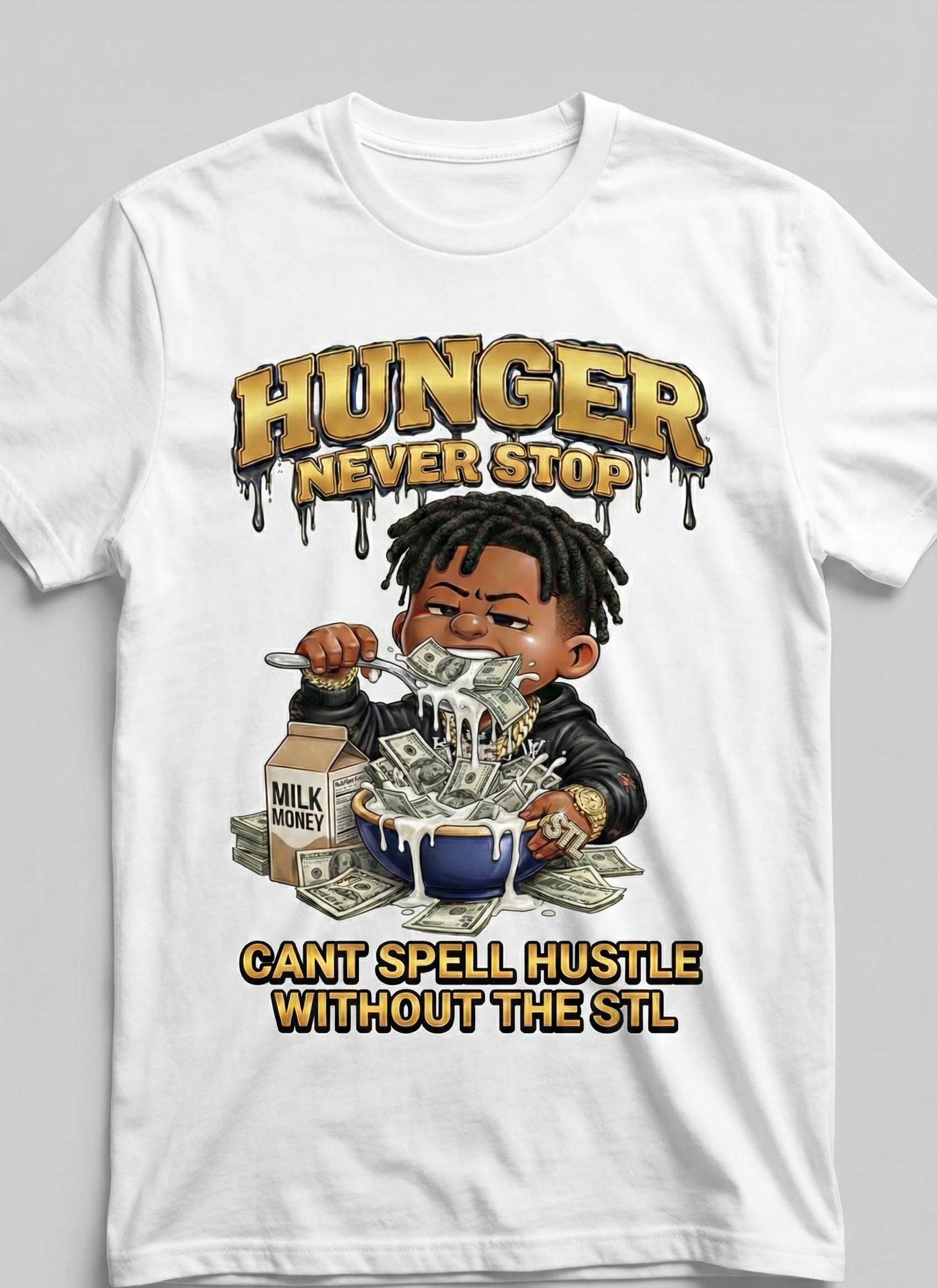 White t-shirt with a graphic design featuring a child with money and text on a gray background