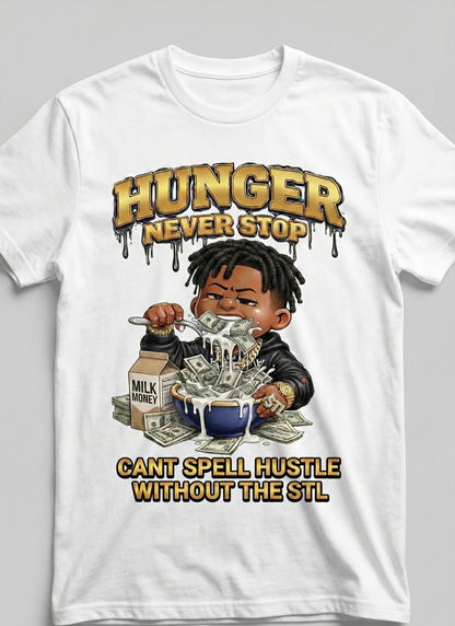 White t-shirt with a graphic design featuring a child with money and text on a gray background