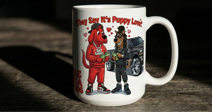 White mug with cartoon characters and text on a wooden surface