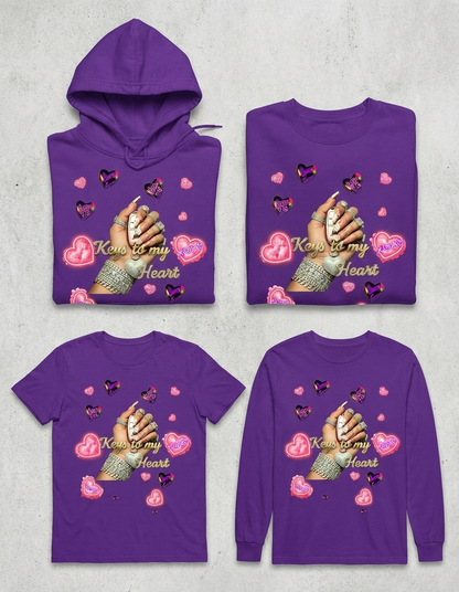 Four purple shirts with a graphic design on a gray background
