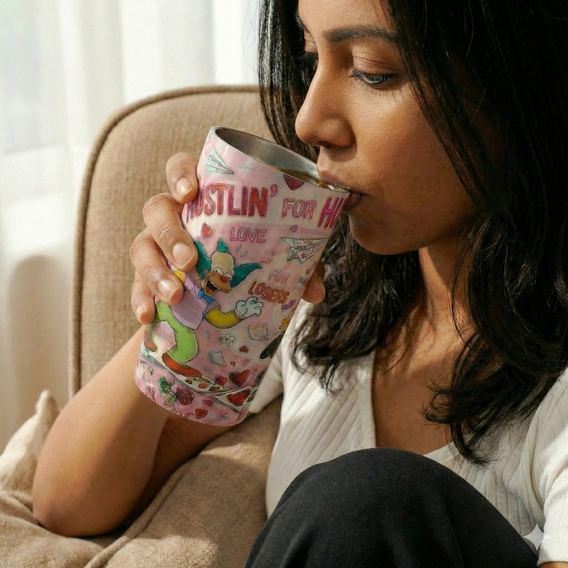 Woman drinking from a colorful mug with cartoon characters in a cozy setting.