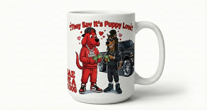 Mug with cartoon characters and text on a white background