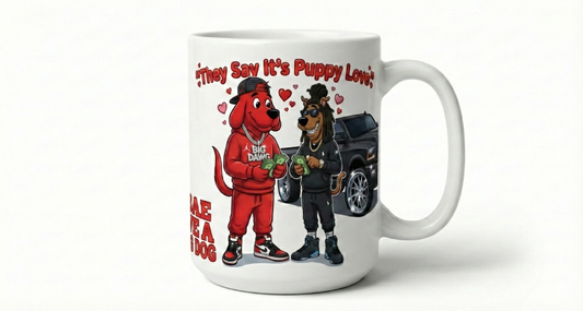 Mug with cartoon characters and text on a white background