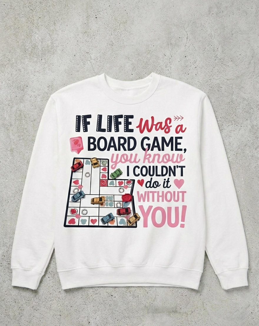 White sweatshirt with a graphic design and text on a gray background