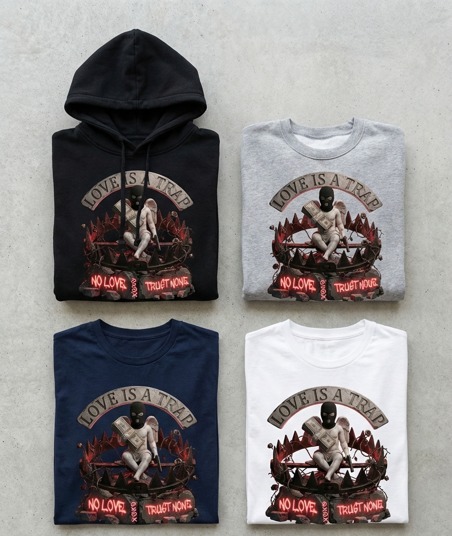Four hoodies and t-shirts with a graphic design on a gray background