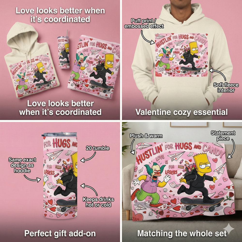 Product set including hoodie, tumbler, and blanket with cartoon character design on a pink background.