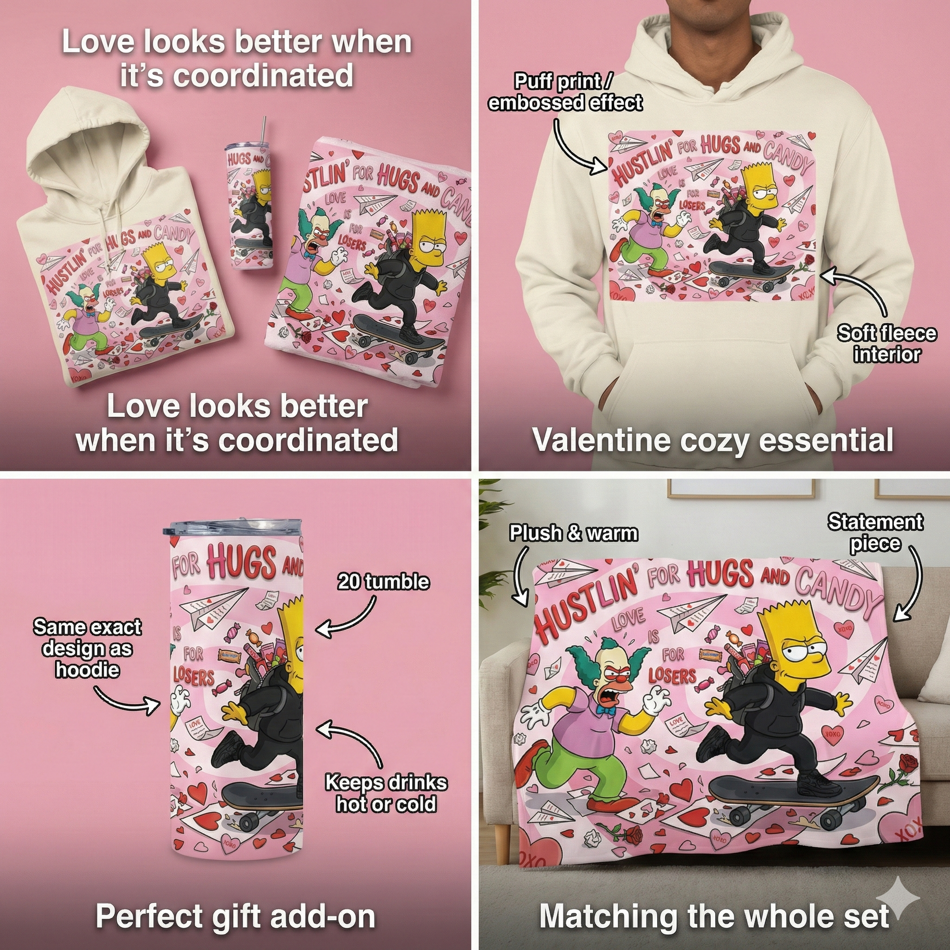 Product set including hoodie, tumbler, and blanket with cartoon character design on a pink background.