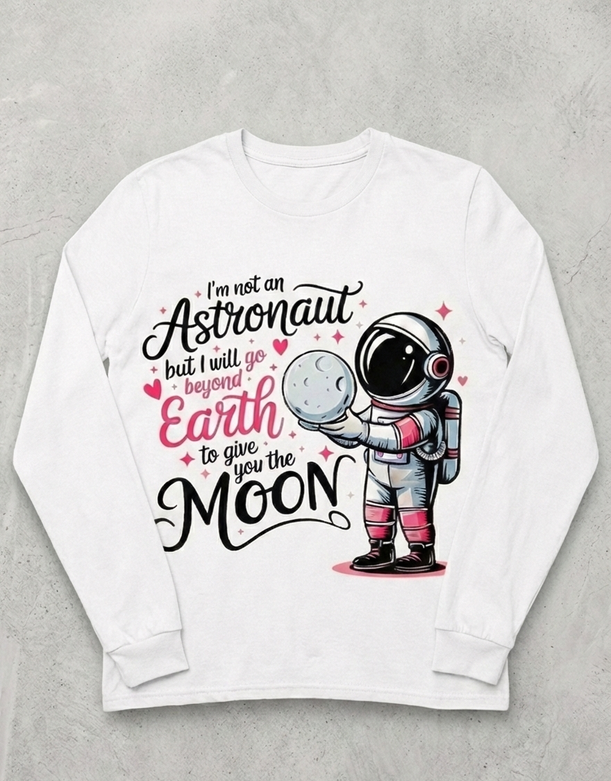 White sweatshirt with an astronaut graphic and text on a gray background