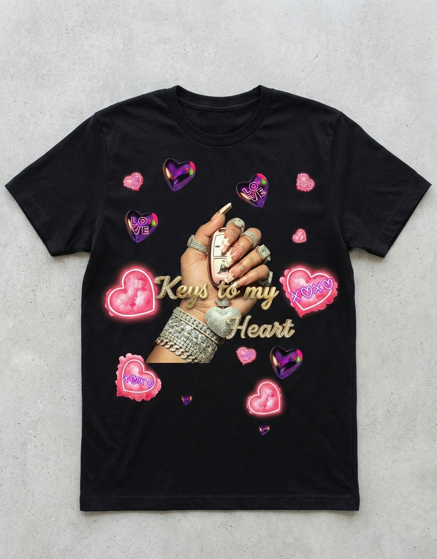 Black t-shirt with graphic of hands holding keys to my heart design on a gray background