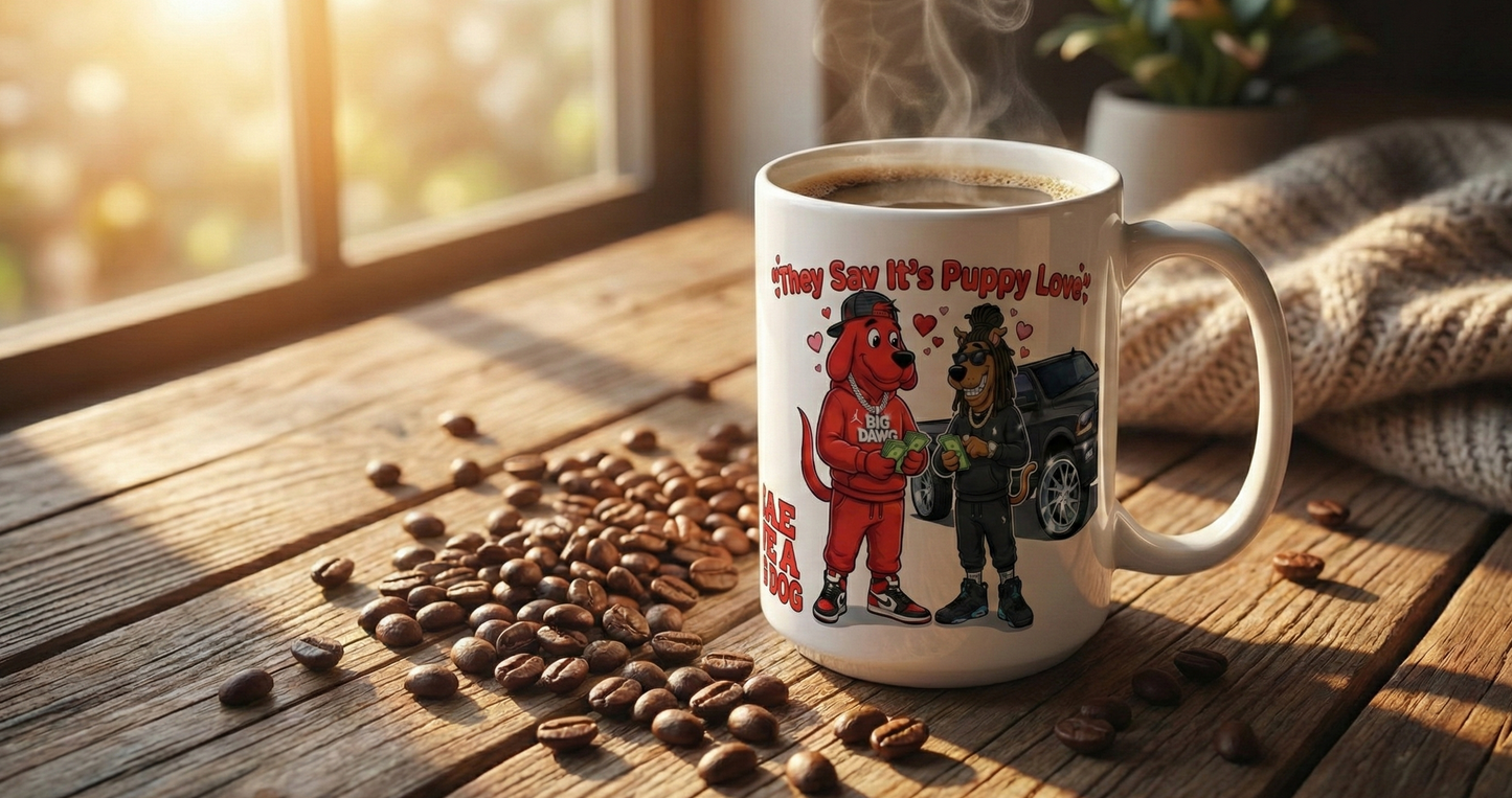White mug with a design of two dogs and text on a wooden table with coffee beans and a plant in the background.