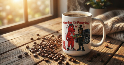 White mug with a design of two dogs and text on a wooden table with coffee beans and a plant in the background.
