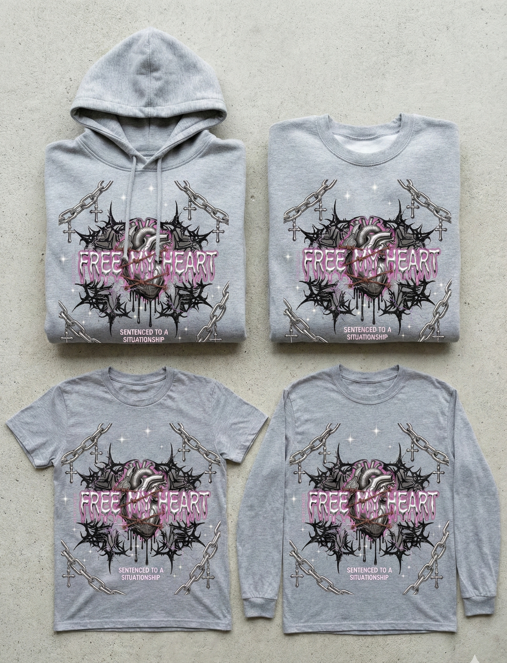 Four gray shirts with a central design and text on a light gray background