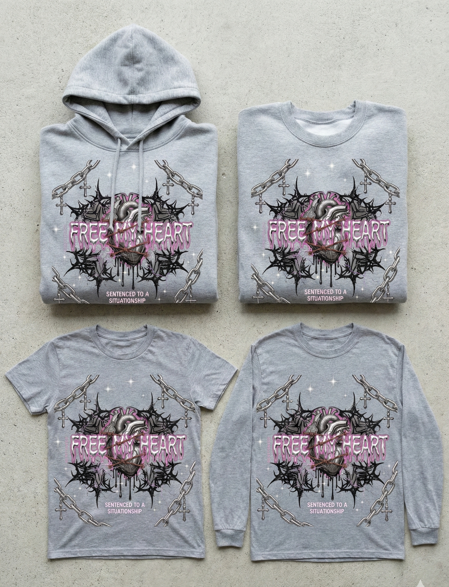 Four gray shirts with a central design and text on a light gray background