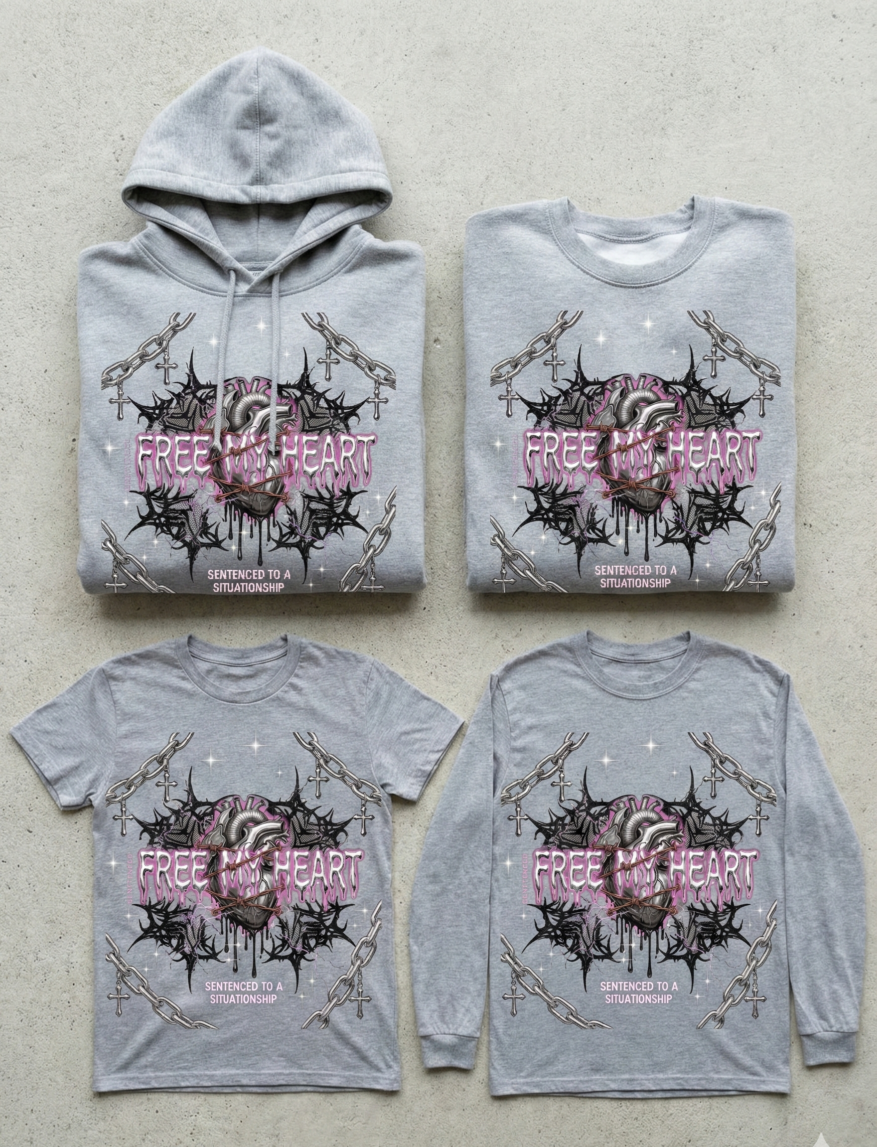 Four gray shirts with a central design and text on a light gray background