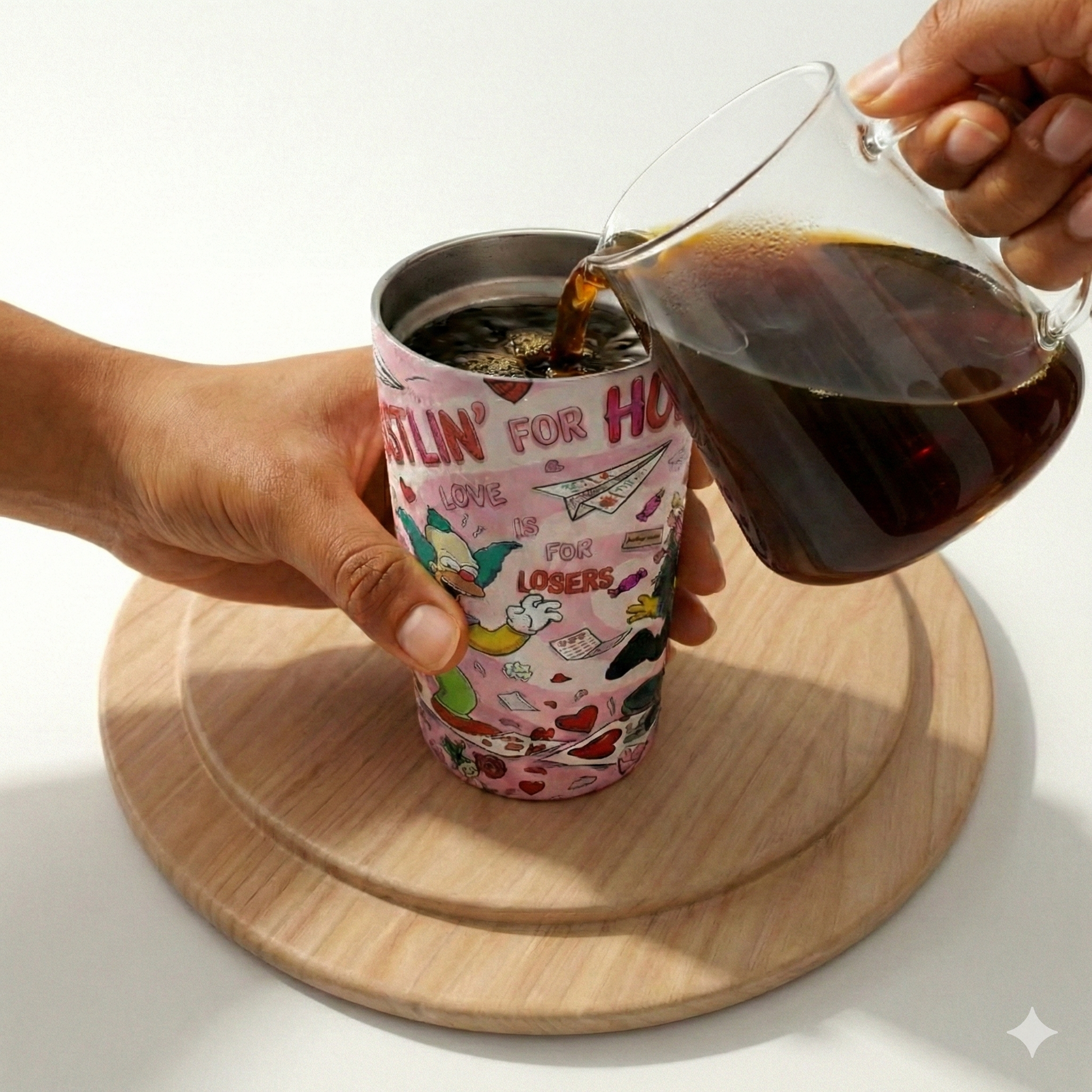 Person pouring coffee from a glass mug into a pink tumbler with cartoon designs on a wooden coaster.
