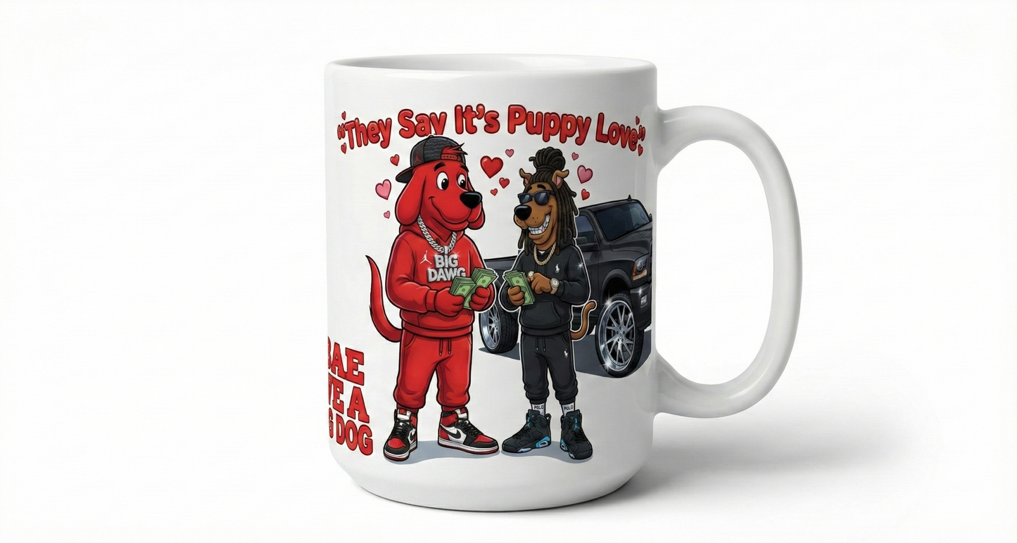 15oz Valentine’s Day Coffee Mug – “Puppy Love” Big Red Dog &amp; Mystery Pup
