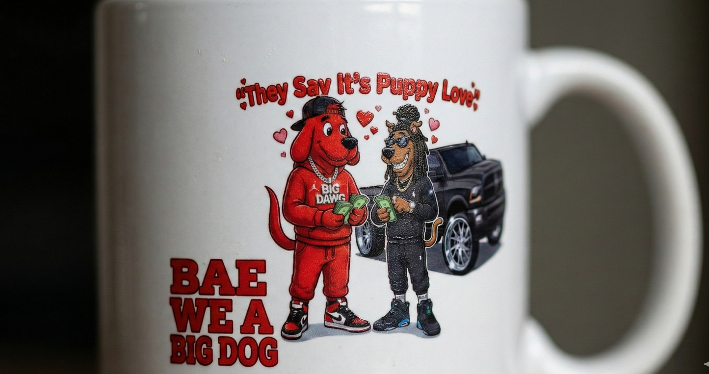 Mug with cartoon dogs and text on a dark background