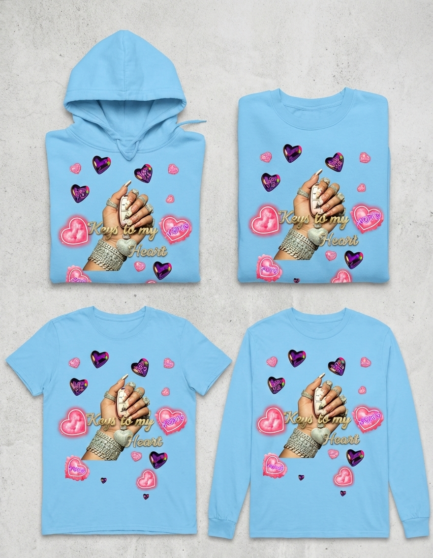 Set of blue hoodies and t-shirts with graphic designs on a light gray background