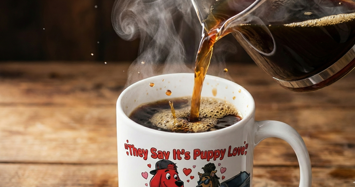 Hot coffee being poured into a mug with a cartoon design on a wooden surface