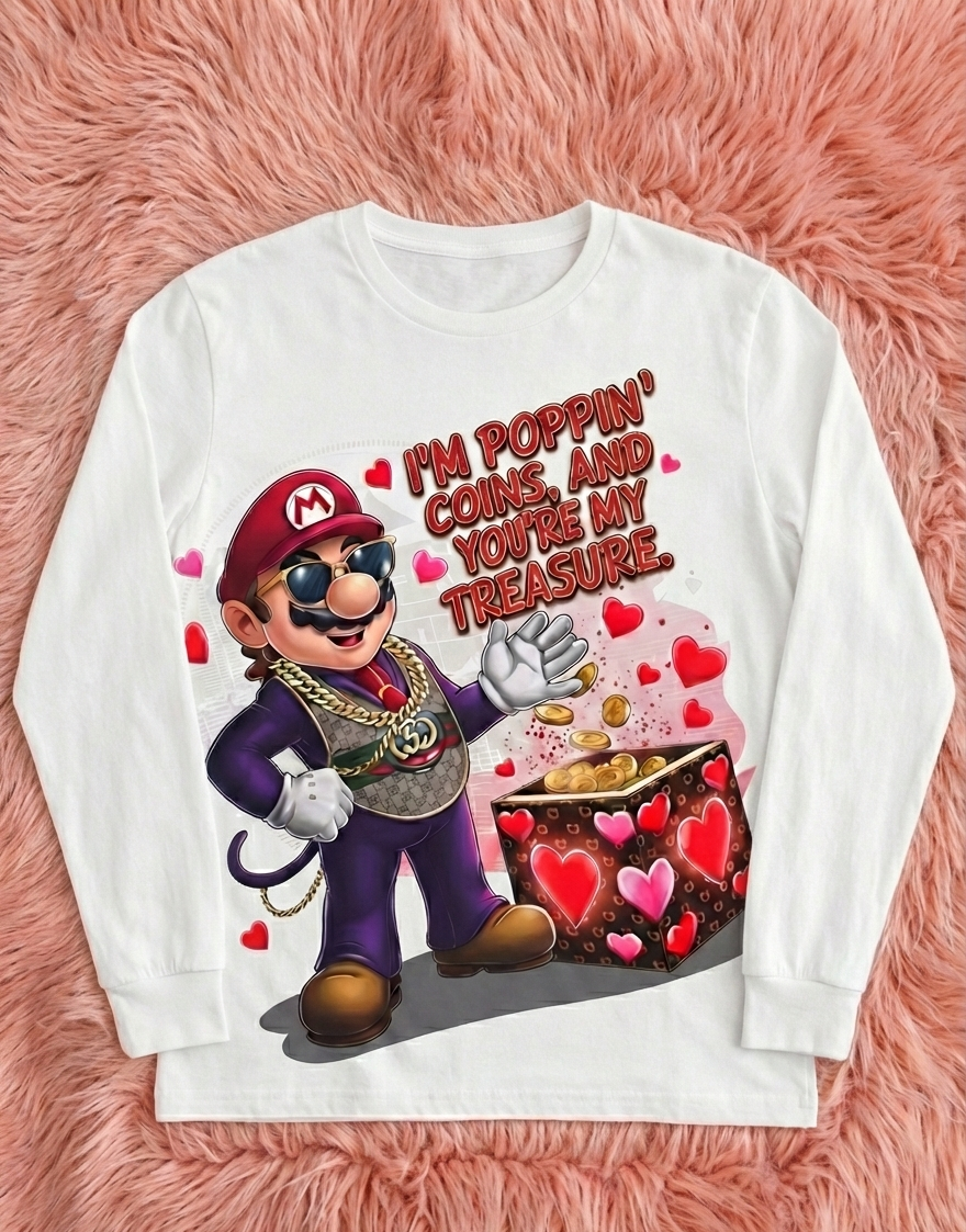 White sweatshirt with a character design and text on a pink fluffy background