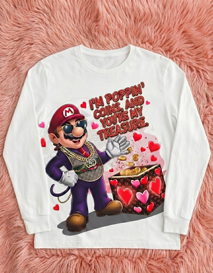 White sweatshirt with a character design and text on a pink fluffy background