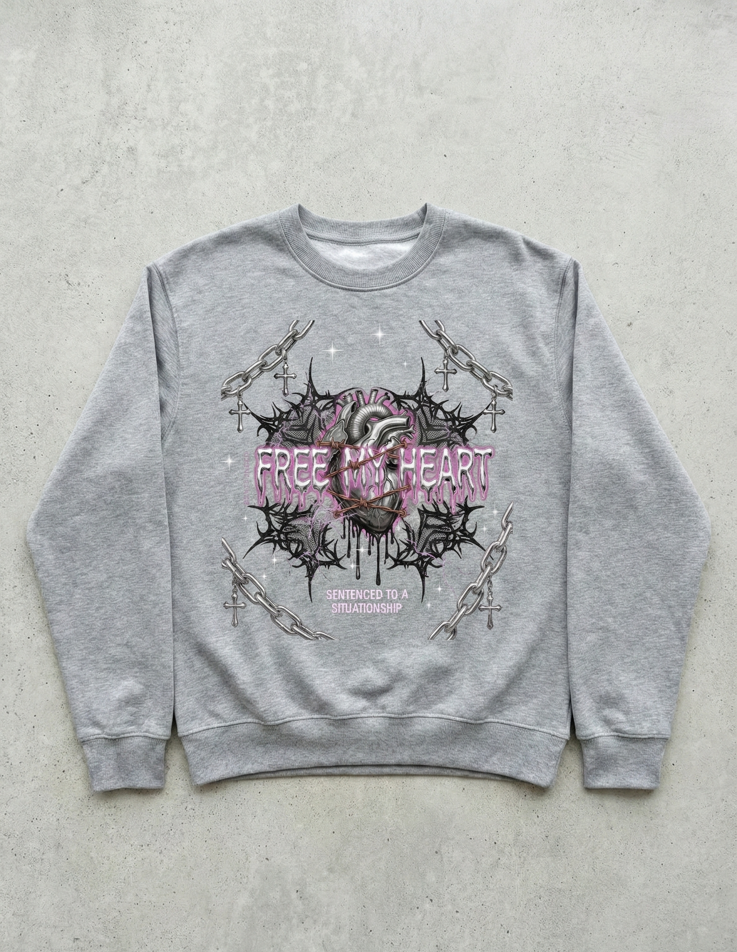 Gray sweatshirt with a graphic design on a gray background