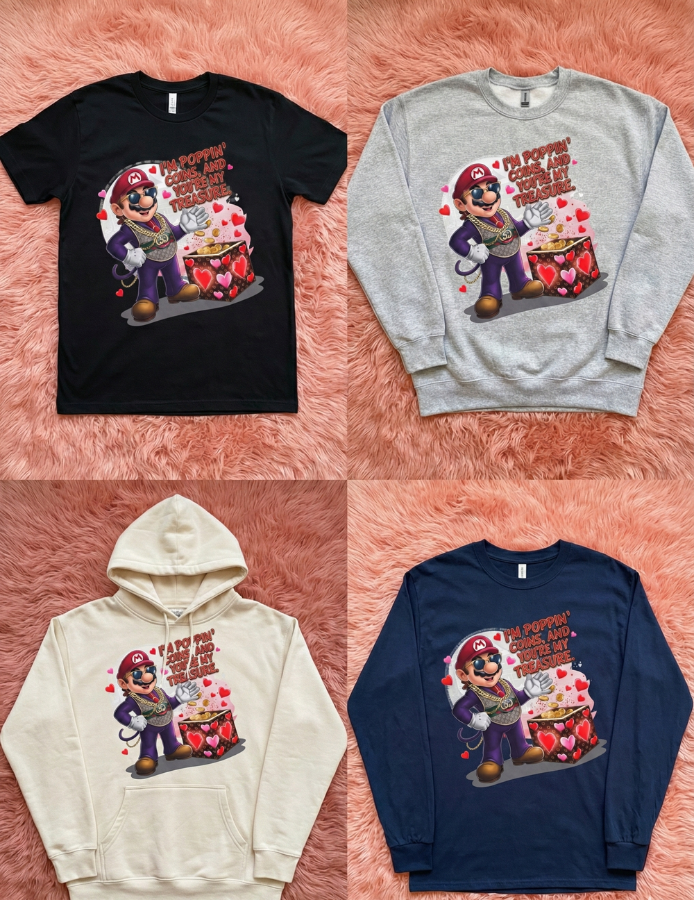 Four clothing items featuring a character with a heart and pizza on a textured pink background.