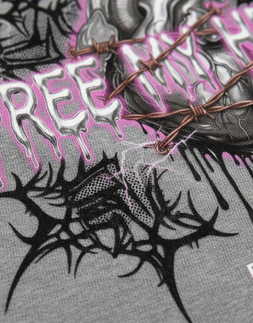Tattoo-style design with barbed wire, thorns, and text on a gray background