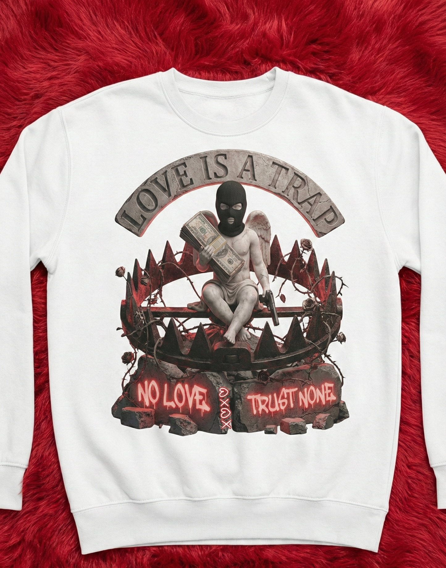 White sweatshirt with graphic design on a red fur background