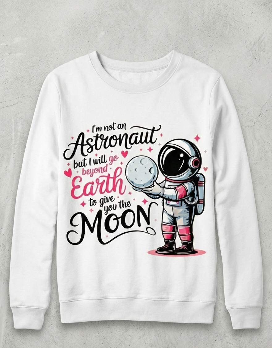 White sweatshirt with an astronaut graphic and text on a gray background