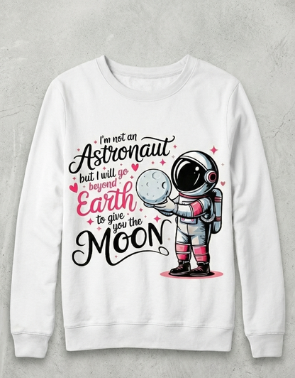 White sweatshirt with an astronaut graphic and text on a gray background