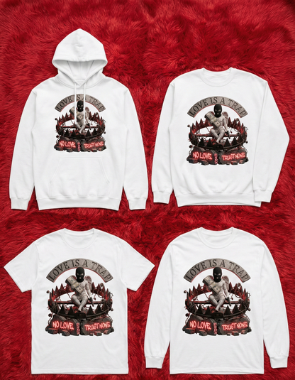 Four white shirts with graphic designs on a red textured background