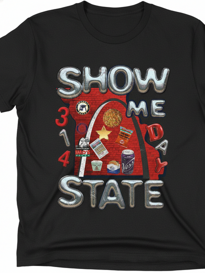 Black t-shirt with 'Show Me Day State' graphic design featuring a red background with various symbols.