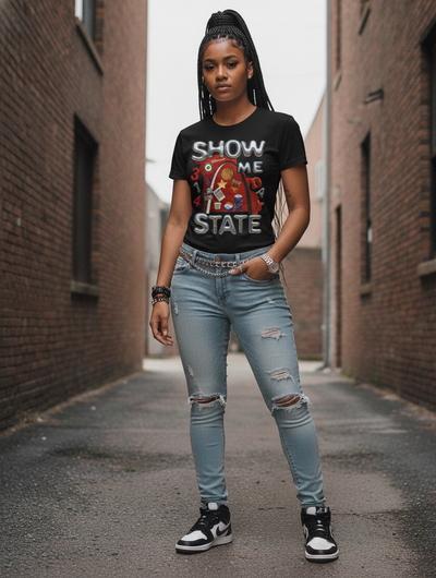 Person wearing a graphic t-shirt and ripped jeans standing in an alleyway.