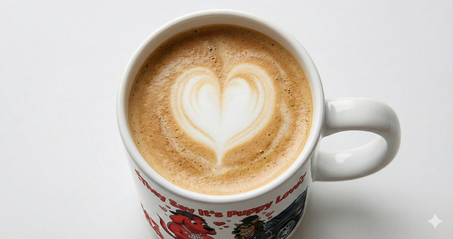 Cappuccino with a heart foam in a mug on a white background