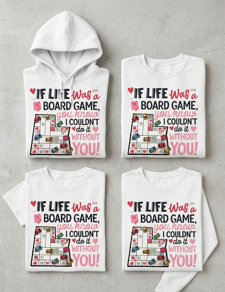 Four white hoodies with a graphic design and text on a gray background