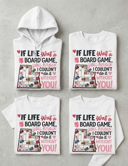 Four white hoodies with a graphic design and text on a gray background