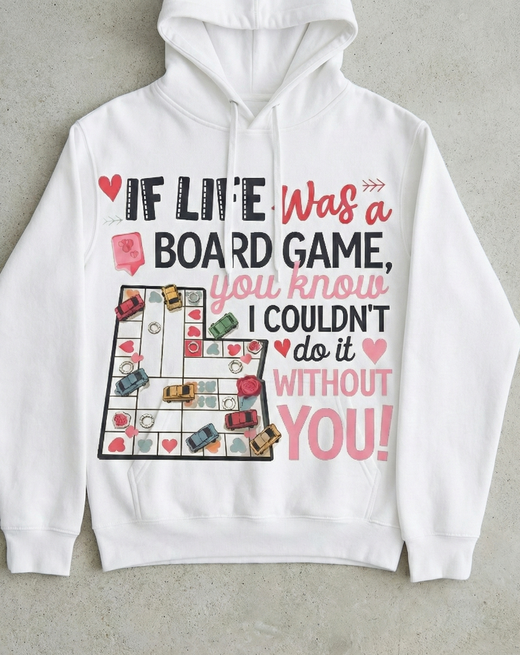 White hoodie with a graphic design and text on a gray background