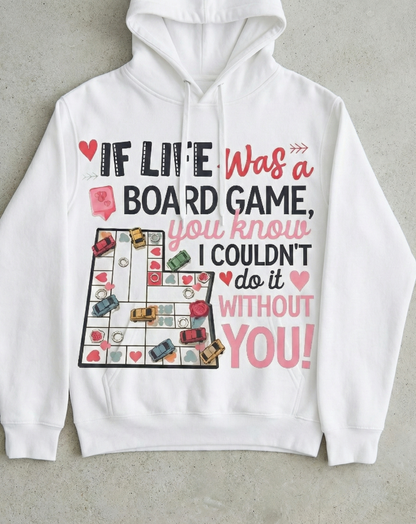 White hoodie with a graphic design and text on a gray background