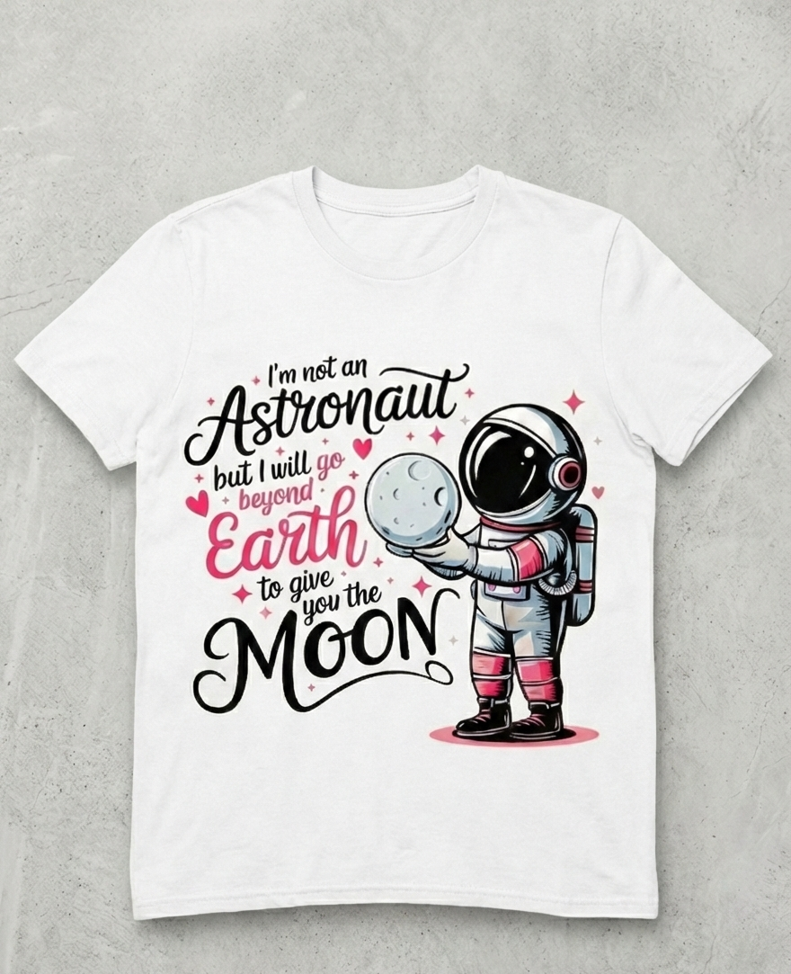 White t-shirt with an astronaut graphic and text on a gray background