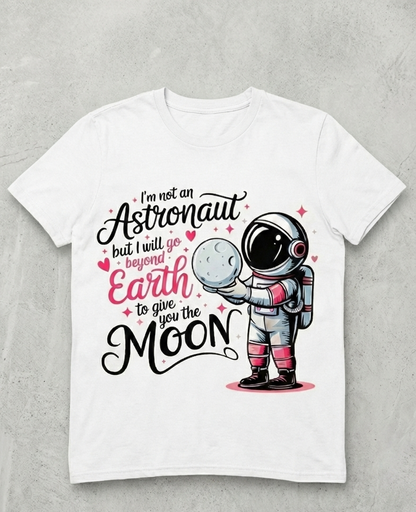 White t-shirt with an astronaut graphic and text on a gray background