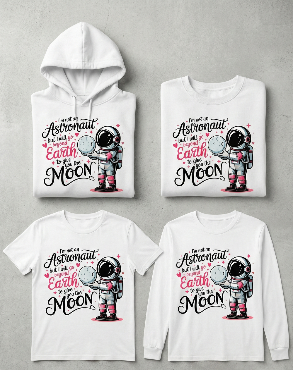 Four clothing items with an astronaut design on a gray background