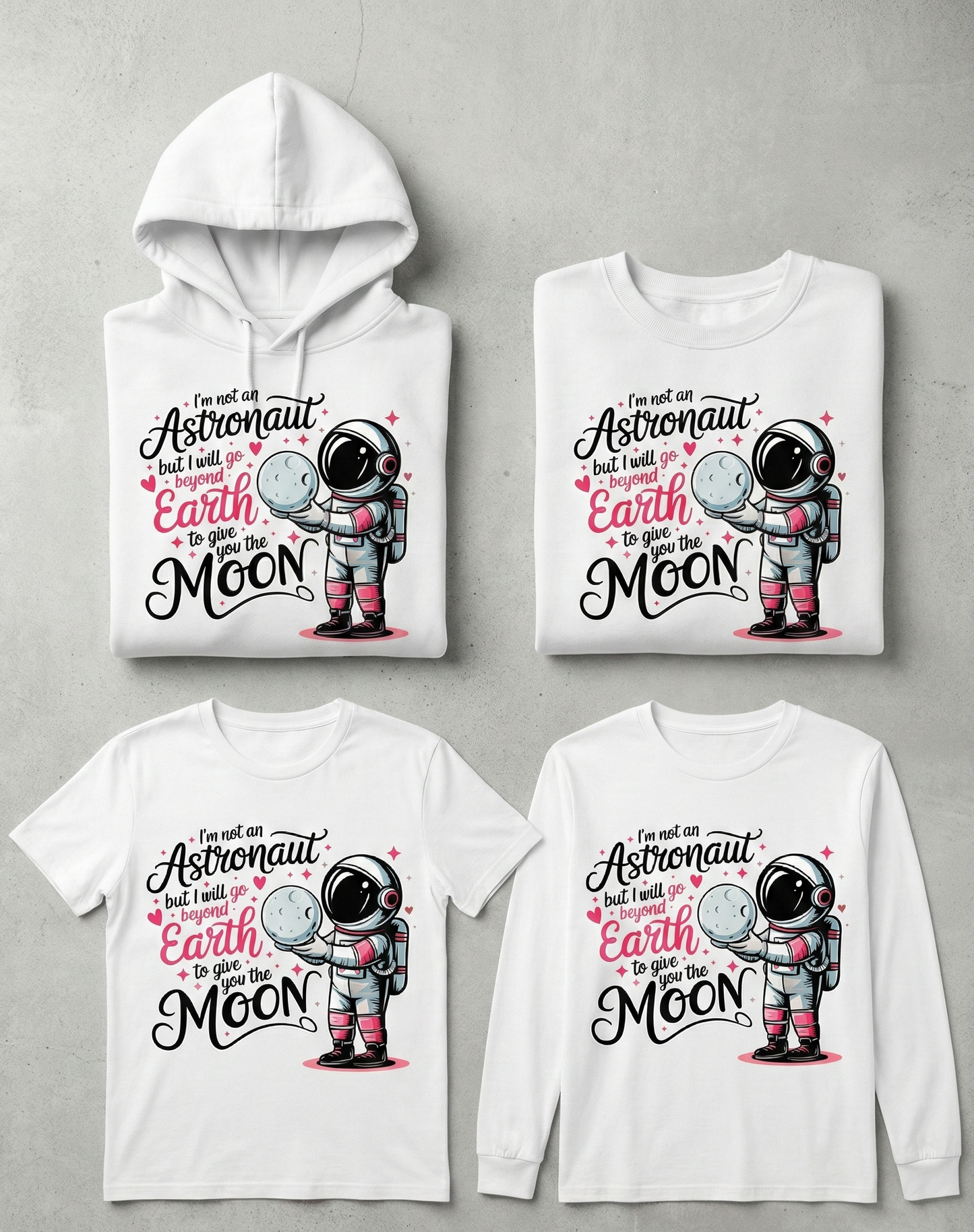 Four clothing items with an astronaut design on a gray background