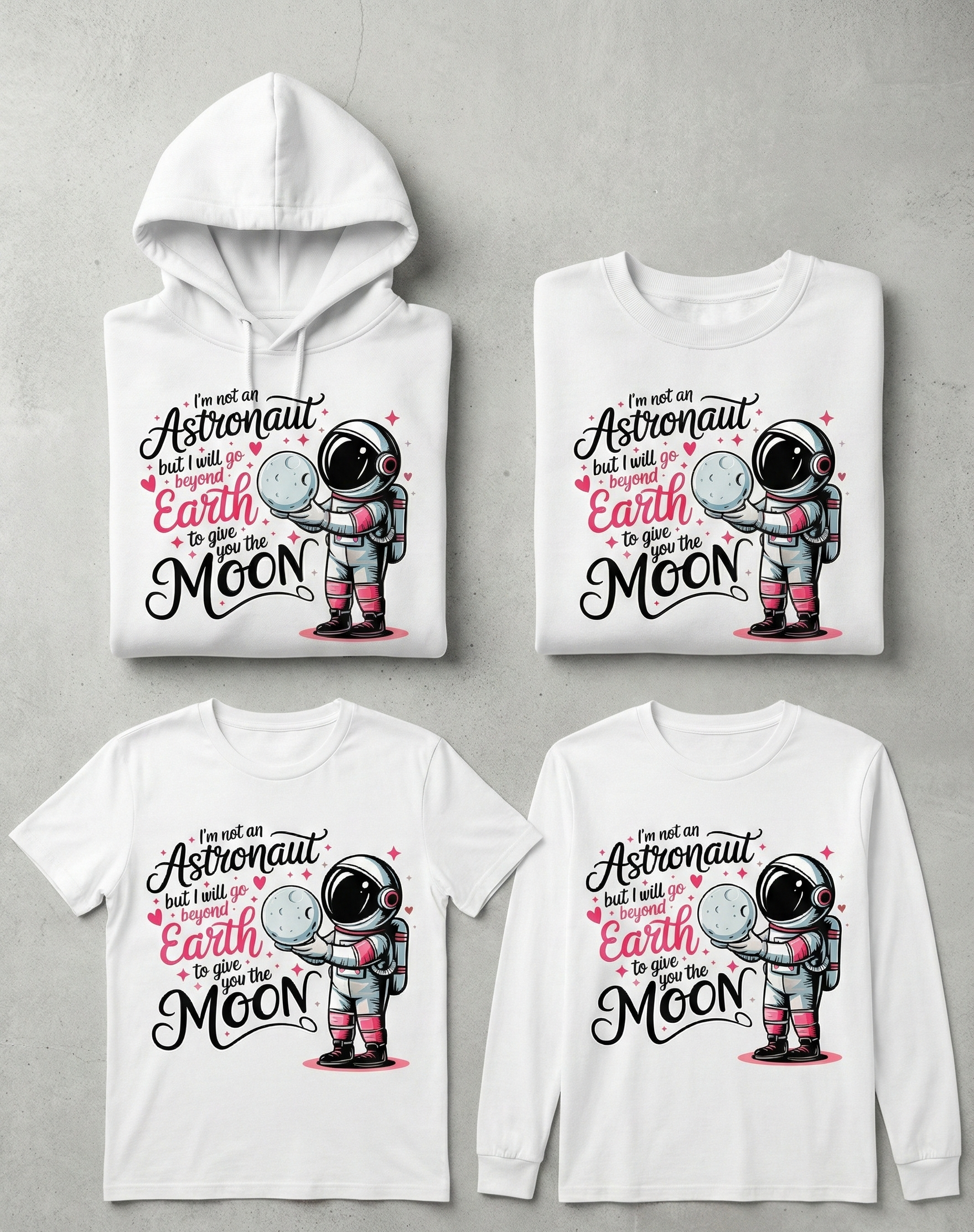 Four clothing items with an astronaut design on a gray background