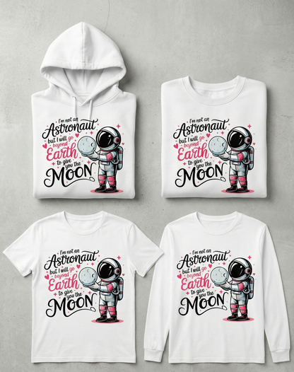 Four clothing items with an astronaut design on a gray background