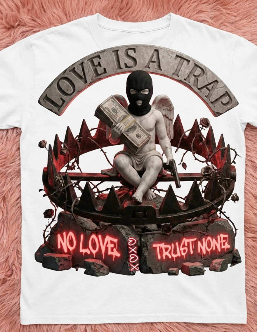 T-shirt with graphic design and text on a pink textured background